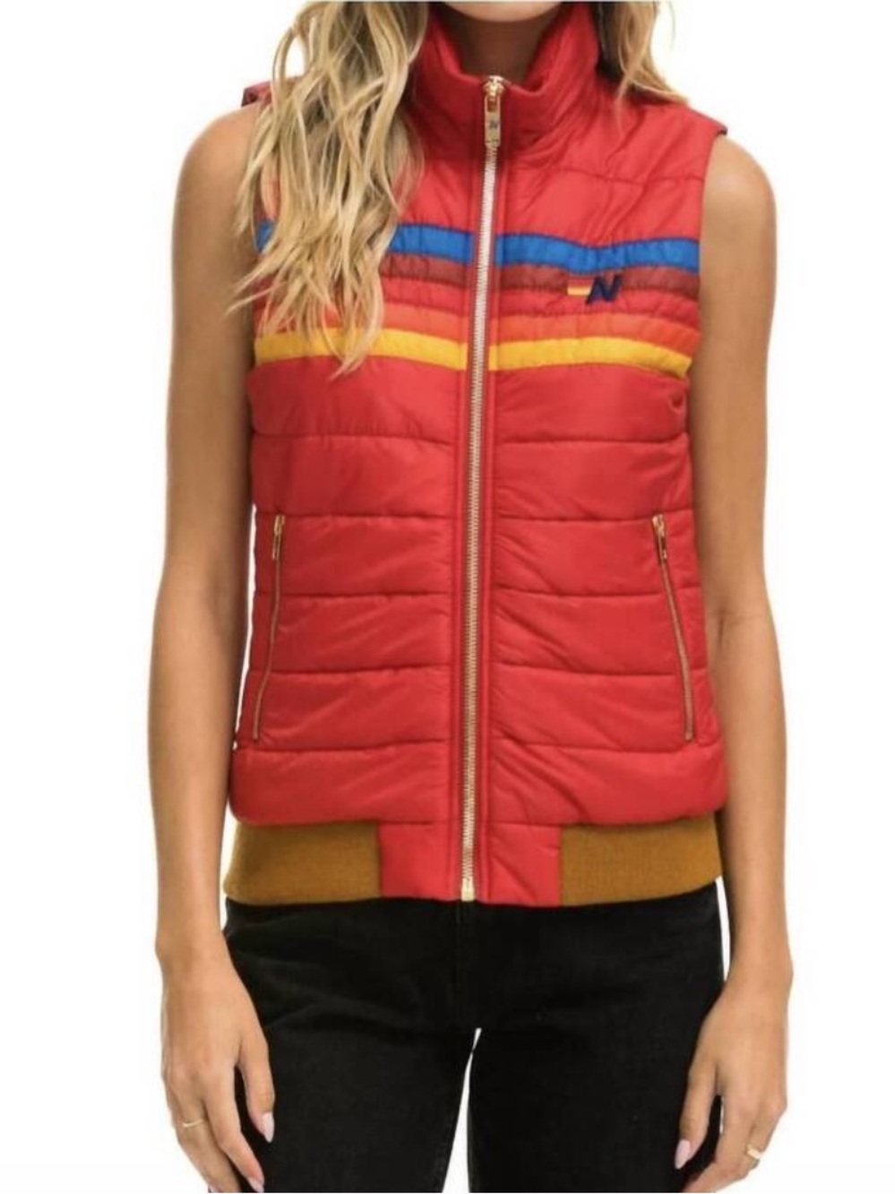 Aviator Nation| Red Quilted Vest| 5 sttipes